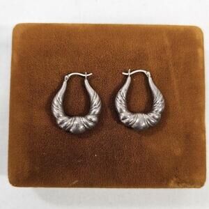 Vintage Shrimp Scallop Hoop Earrings Puffy Sterling Wave Western Artisan 1.25"